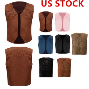 Boys Cowboys Vest Suede Tassel Waistcoat Western Party Cosplay Fancy Dress Up - Picture 1 of 62