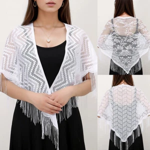 Lace Hollow Out Tassel Triangle Scarf Church Head Covering Embrodiery Thin Shawl - Picture 1 of 20