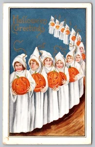 Postcard Vintage Whitney Halloween Greetings Witches in White Holding Pumpkins - Picture 1 of 2