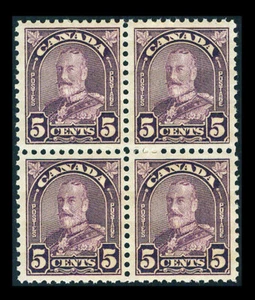 KANADA #169; 5 ¢ KING GEORGE V, F/VF-OG-NH, 4ER BLOCK - Bild 1 von 2