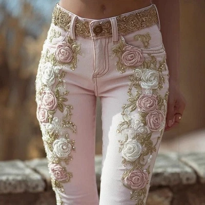 Women's Retro Pink Rose Embroidered Artistic Printed Jeans Elegant - Image 1 of 4