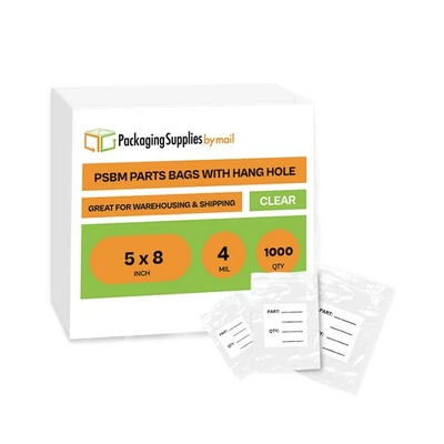 1000 Pcs 5" x 8" Parts Bag With Hang Hole 4 Mil White Block 4" x 4" - Image 1 of 4