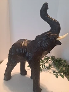 Vintage Elefant schwarzer Lederrüssel zum Glück groß Safari Dekor 13,5" schön - Bild 1 von 6