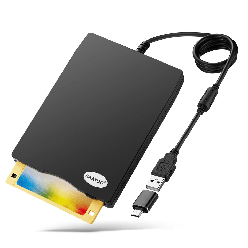Raayoo USB Floppy Disk Reader Drive 3.5” External Portable 1.44 MB FDD Black