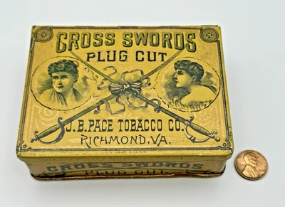 BONITA Espadas Cruzadas Antiguas Tapón Corte Vacío Lata de Tabaco - J.B. Pace - Richmond, VA Foto 1 de 4