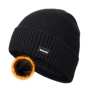 Winter Men Women Fleece Lined Beanie Knitted Hats, Soft Thermal Stocking Black - Picture 1 of 7