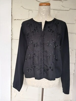 Vintage Marisa Christina Studio Sweater Size Large Black Beaded Floral Linen - Image 1 of 4