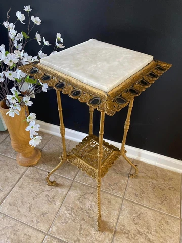 Victorian Antique Vintage Brass Onyx Marble Fern Plant Stand Side Accent Table Cover