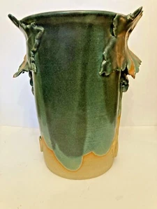 Stunning Rare Vintage Pottery Cylindrical Vase with Leaf Decoration - Picture 1 of 12