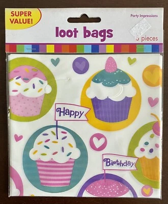 Bolsos coloridos de botín/reglosos para fiesta de cumpleaños CUPCAKE, 8 PIEZAS. NUEVO Y PRECINTADO. Foto 1 de 4