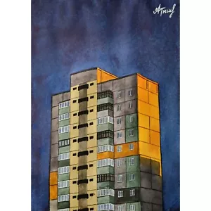 Stadtbild Gemälde Stadtkunst Wolkenkratzer Kunst Original Kunst Aquarell Gemälde - Bild 1 von 7