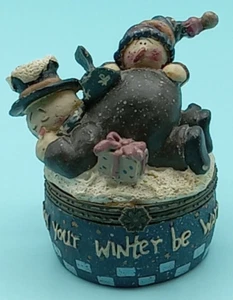 2001 Weihnachtsmann Werkbank Schneemann aufklappbare Schmuckschatulle Möge Ihr Winter warm sein 3" Vintage - Bild 1 von 12