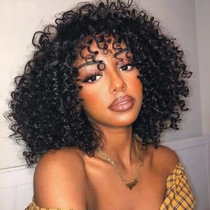 Short bob Human Hair Wigs with Bangs None Lace Front Wigs Water Wave Brazilia... - Picture 1 of 6