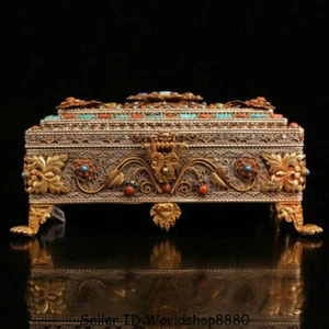 11.2" Old Tibet Nepal Silver Wire Gold Gilt Inlay Gem Jewelry box jewel case - Picture 1 of 9