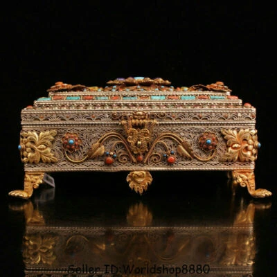 11.2" Old Tibet Nepal Silver Wire Gold Gilt Inlay Gem Jewelry box jewel case - Image 1 of 4