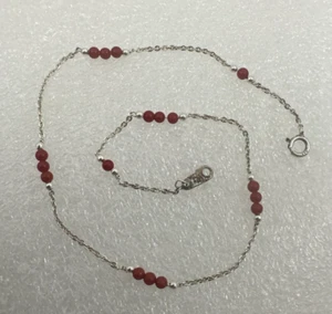 Hecho a mano ~ Plata de ley .925 ~ Pulsera tobillera redonda con cuentas de coral de 11" - Imagen 1 de 7