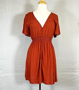Forever 21 Mini Dress L Ruched Waist Rust Color Flutter Sleeves V Neck RN94981 - Picture 1 of 13