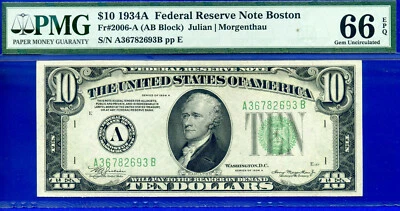 1934A $10 Federal Reserve Note PMG 66EPQ Boston Top pop Fr 2006-A - Image 1 of 3