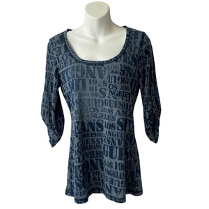 Vintage Y2K Guess Paper Thin Top Women M Navy Logo Fitted Sheer Roll Tab Sleeve - Picture 1 of 10