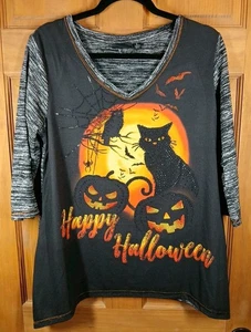 Onque Casuals Halloween Top Tunic Womens L Embellished Gray/Black Cat Pumpkin - Picture 1 of 5
