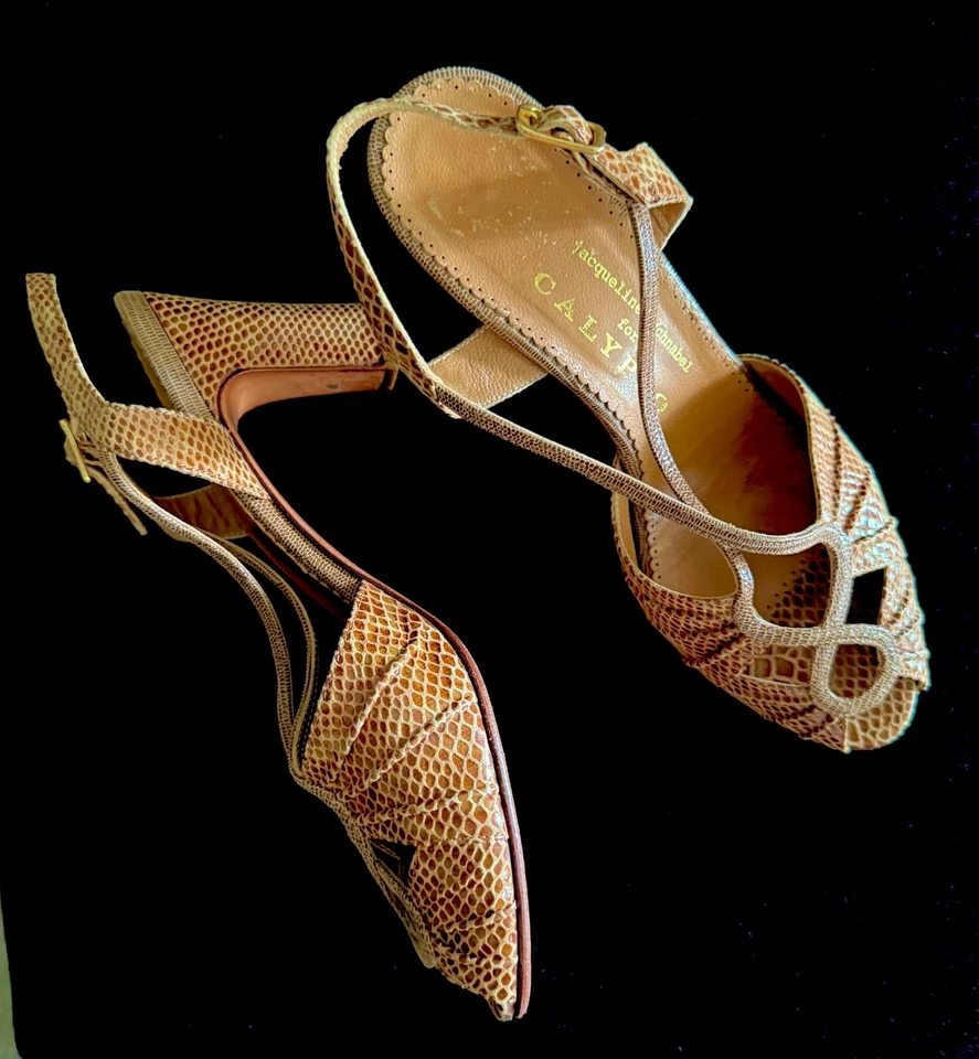 Zapatos de colección para mujer 7,5 de Jacqueline Schnabel, piel de serpiente con tiras tacones altos Foto 1 de 4