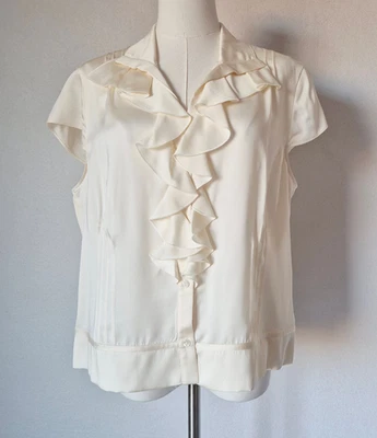 Vintage Talbots Pure Silk Satin Ruffle Button-Front Blouse Cap-Sleeve Ivory P16 - Image 1 of 4