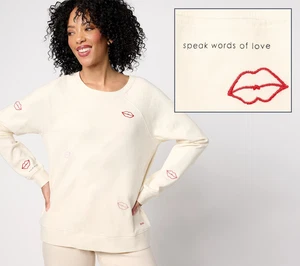 Sudadera Peace Love World Labios Bordados Terry Francés - Para Mujer 2X - Marfil - Imagen 1 de 1