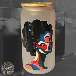 Vibrant Black Woman Frosted Glass #03 Tumbler with Bamboo Lid and Reusable Straw - Picture 1 of 3