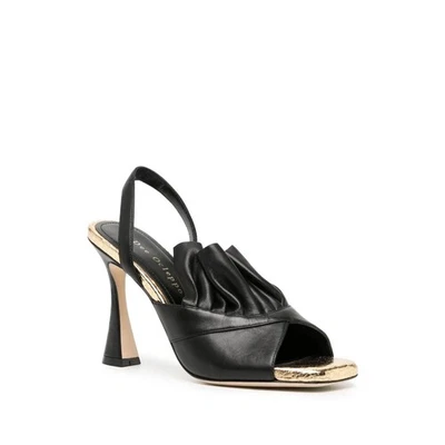 Dee Ocleppo Flutter Leather Ruffle Black Gold Open Toe Slingback Heel Size 10 - Image 1 of 4