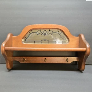 Vintage Farmhouse Cottage Wooden Wall Ornate Mirror with Shelf and 3 Metal Hooks - Picture 1 of 13