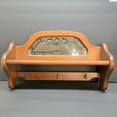 Vintage Farmhouse Cottage Wooden Wall Ornate Mirror with Shelf and 3 Metal Hooks - Image 1 of 4