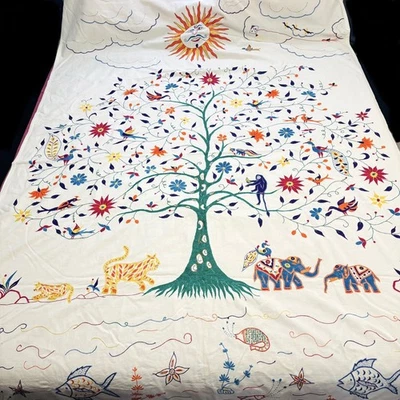 Ten Thousand Villages Bed Cover Tree Of Life Embroidered Boho Colorful 58” x 88” - Image 1 of 4