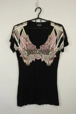 JUST CAVALLI Black Short SLeeveStretch Pattern Logo Tinic Shirt Top Size S - Image 1 of 4