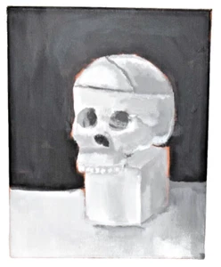 Pintura al óleo original amateur sobre lienzo naturaleza muerta calavera sobre pedestal 11"X14" - Imagen 1 de 2