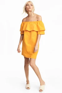 H&M OFF-THE-SHOULDER DRESS MINI ORANGE YELLOW FRILL RUFFLE SHIFT MUSTARD 6 34 2 - Picture 1 of 11