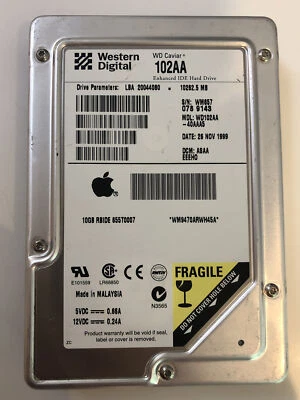 Western Digital Apple WD Caviar 102AA 10GB ATA/IDE PATA Hard Drive 3.5" NOV 1999 - Image 1 of 3