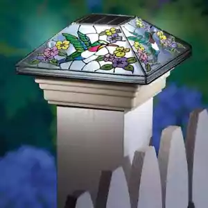 Set of 2 Solar Powered Stained Glass Look Hummingbird Fence Post Cap Lights - Picture 1 of 1