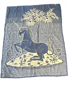VINTAGE Biederlack Unicorn 75” X 58”Blue White Throw Blanket Tapestry Reversable - Picture 1 of 7