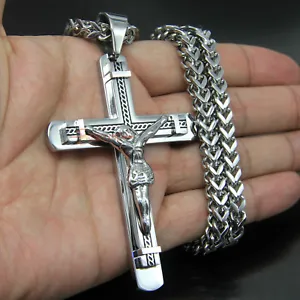 Heavy Catholic Jesus Christ INRI Cross Crucifix Stainless Steel Necklace Pendant