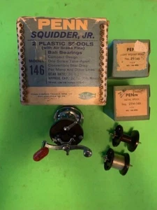 VINTAGE PENN SQUIDDER JR. NO. 146 FISHING REEL WITH ORIGINAL BOX+2 EXTRA SPOOLS - Picture 1 of 20