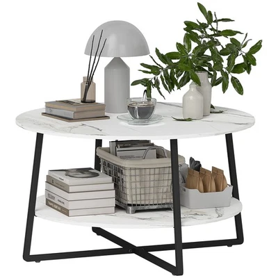 HOMCOM Round Coffee Table with Storage Shelf and Marble Effect Top, White - Image 1 of 4