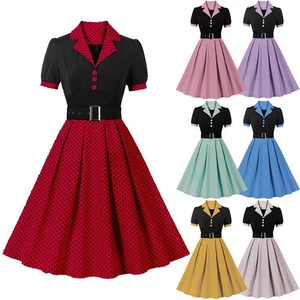 Women's 1940s Vintage Dots Audrey Swing Belt Dress Evening Party Prom Skirts ∮ - Picture 1 of 21
