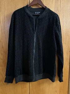 Casa Moda Couture Black Knit Velour Bomber Track Jacket Mens L Large Geometric - Picture 1 of 12