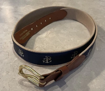 Leather Man Ltd Belt Mens 38 Navy/tan Nautical Anchor Canvas Web Brass Buckle - Image 1 of 4
