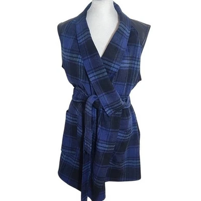 Lisa Rinna Blue and Black Plaid Belted Vest Size Large - Image 1 of 4