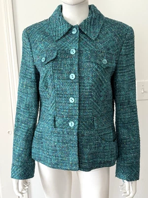 Traje Blazer Chaqueta ESCADA Verde Turquesa, Dorado y Marrón Multi Tweed Talla 40 EE. UU. 10 Foto 1 de 4