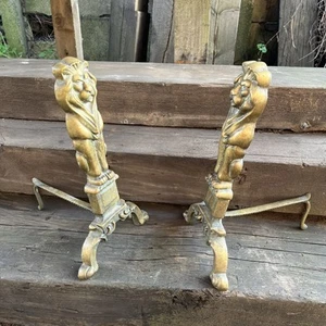 Antique Solid Brass Large Lion Firedogs - Picture 1 of 9