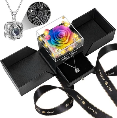 保留彩色真玫瑰带心我爱你项链-永恒  — 第 1/4 张图片