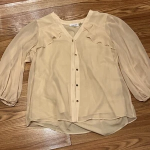 Calvin Klein Top Women Large Cream Mid Sleeve Semi Sheer Blouse - Picture 1 of 6