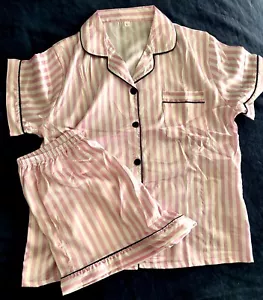 NEW/NWT Pink & White Striped Satin Pajamas Shorts/Top Set L/M - Picture 1 of 9